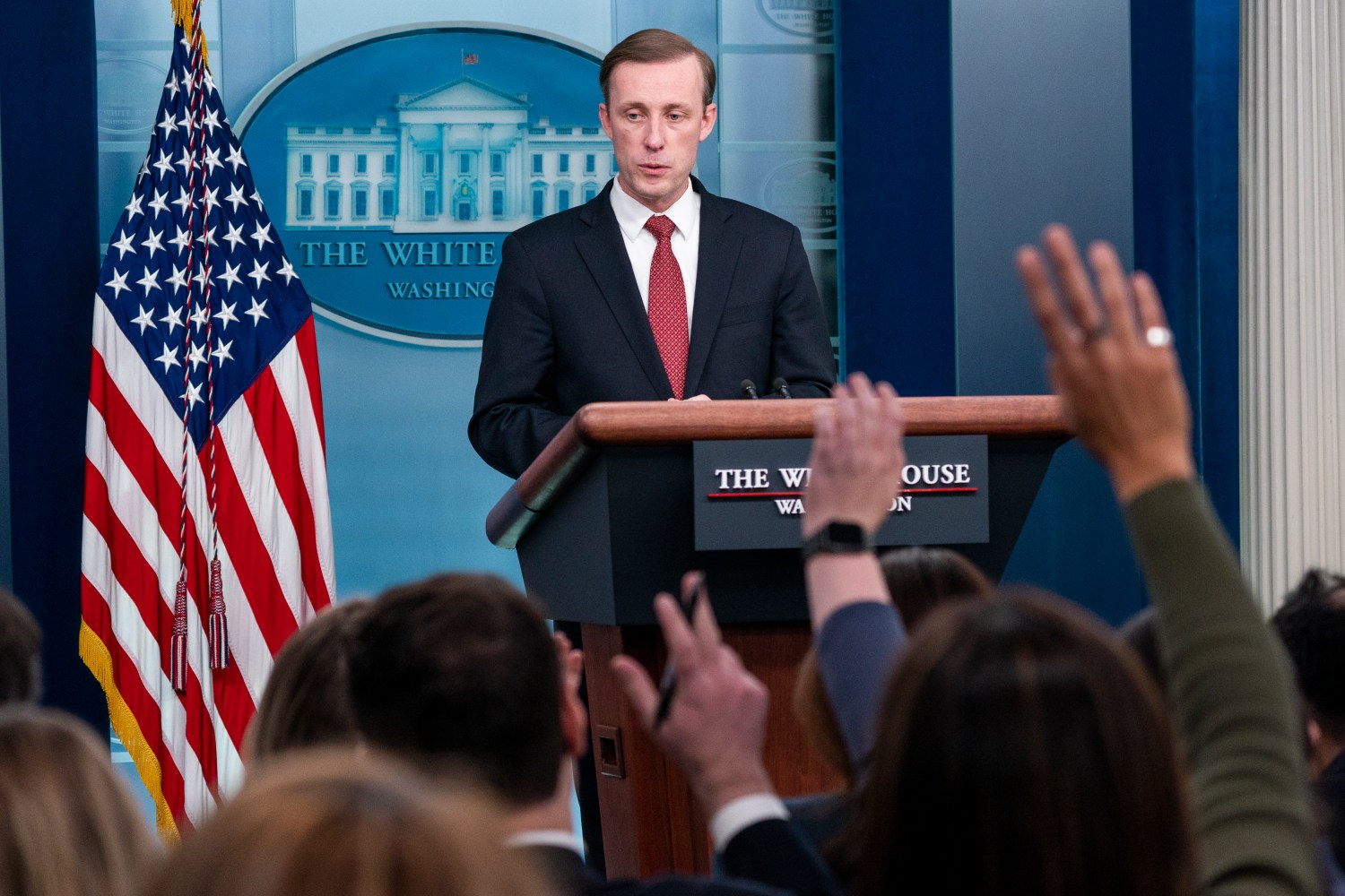 National Security Advisor Jake Sullivan responds to questions from the news media during the daily press briefing at the White House in Washington, DC, USA, 11 February 2022. Sullivan responded to questions about reports of an imminent invasion of Ukraine by Russia. Sipa USA