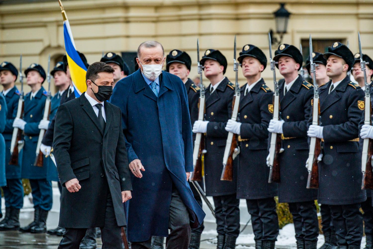 President of Turkey, Recep Tayyip Erdogan, right, with the President of Ukraine, Volodymyr Zelensky, left, in his visit to Kiev for signing cooperation treaties between both countries and offering mediation support in the crisis between Ukraine and Russia during the buildup of the russian army in the ukrainian borders. (Photo by Celestino Arce/NurPhoto)