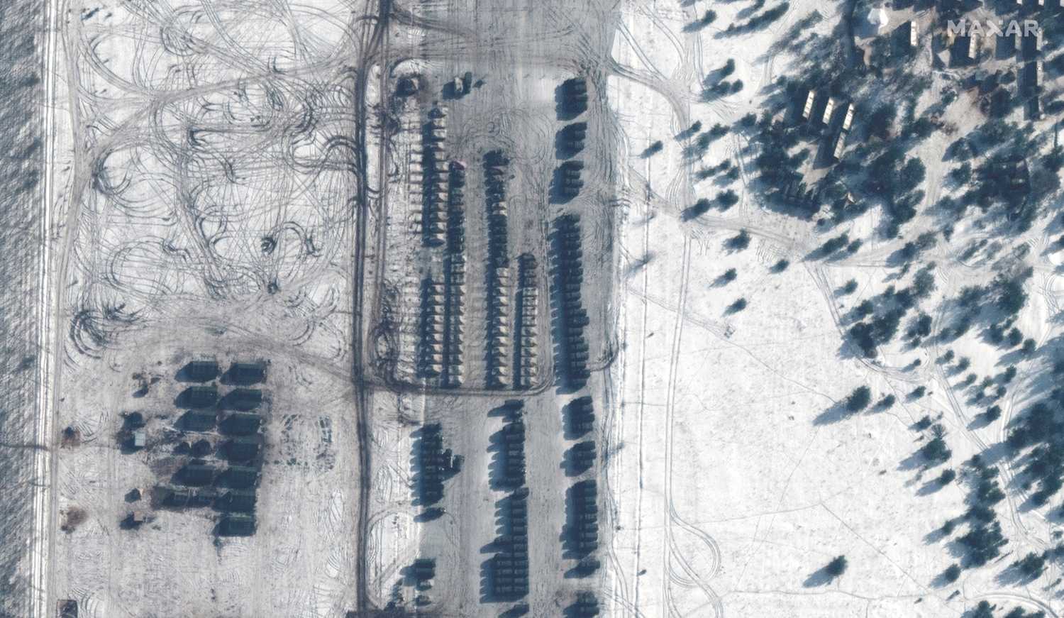 A satellite image shows armoured vehicles at Zyabrovka air base in Belarus, February 10, 2022. 2022 Maxar Technologies/Handout via REUTERS   ATTENTION EDITORS - THIS IMAGE HAS BEEN SUPPLIED BY A THIRD PARTY. NO RESALES. NO ARCHIVES. MANDATORY CREDIT. DO NOT OBSCURE LOGO