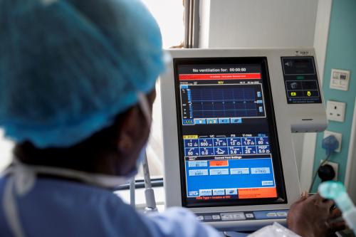 FILE PHOTO: A nurse demonstrates how to activate a respirator as the hospital prepares for the coronavirus disease (COVID-19) outbreak, at the Karen hospital near Nairobi, Kenya, April 6, 2020. REUTERS/Baz Ratner/File Photo