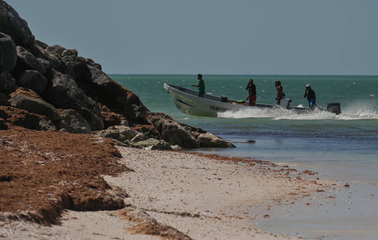 FIshing boat near the beach in Celestun. On Thursday, February 03, 2022, in Celestun, Yucatan, Mexico. (Photo by Artur Widak/NurPhoto)NO USE FRANCE