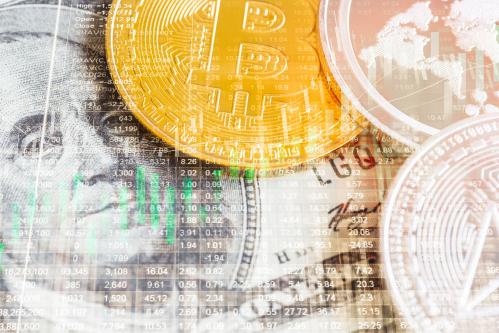 Financial charts laid over Bitcoin and US dollars