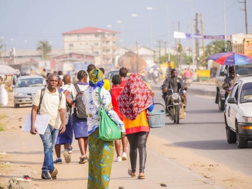 Douala, Littoral/Cameroon - 09/10/2020 : A nice view on a busy street in Bonaberi, the western entrance of the city of Douala, Cameroon.