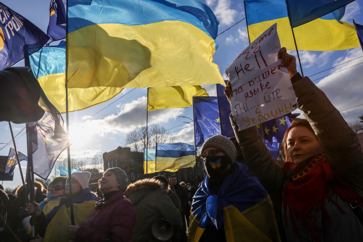 Ukrainians protest against Russia's actions in Donbas outside Russian embassy in Kyiv