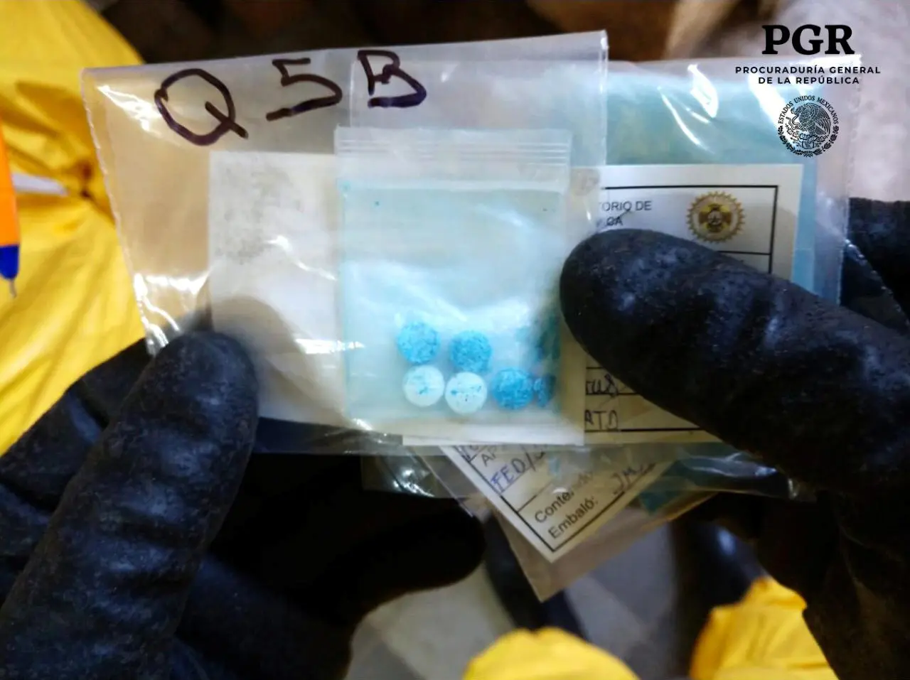 A chemical specialist in a protective suit shows pills seized at a clandestine drug processing laboratory of fentanyl located in the Azcapotzalco municipality, in Mexico City, Mexico, in this handout photograph released to Reuters by PGR - Attorney General's Office, December 12, 2018. PGR - Attorney General's Office/Handout via REUTERS ATTENTION EDITORS - THIS IMAGE WAS PROVIDED BY A THIRD PARTY