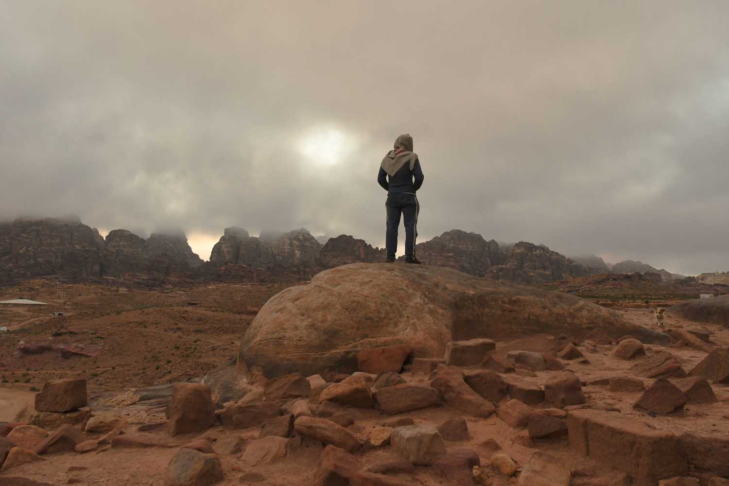 A member of Al B'doul, a local Bedouin tribe during a foggy weather, seen inside the ancient city of Petra, one of Jordan's national treasures and its best-known tourist attraction. On Friday, February 9, 2019, in Petra, Ma'an Governorate, Jordan. (Photo by Artur Widak/NurPhoto)NO USE FRANCE