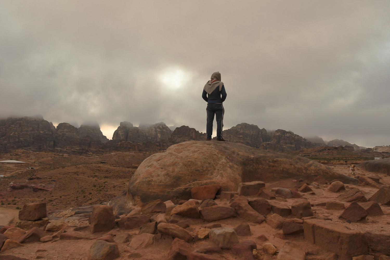 A member of Al B'doul, a local Bedouin tribe during a foggy weather, seen inside the ancient city of Petra, one of Jordan's national treasures and its best-known tourist attraction. On Friday, February 9, 2019, in Petra, Ma'an Governorate, Jordan. (Photo by Artur Widak/NurPhoto)NO USE FRANCE