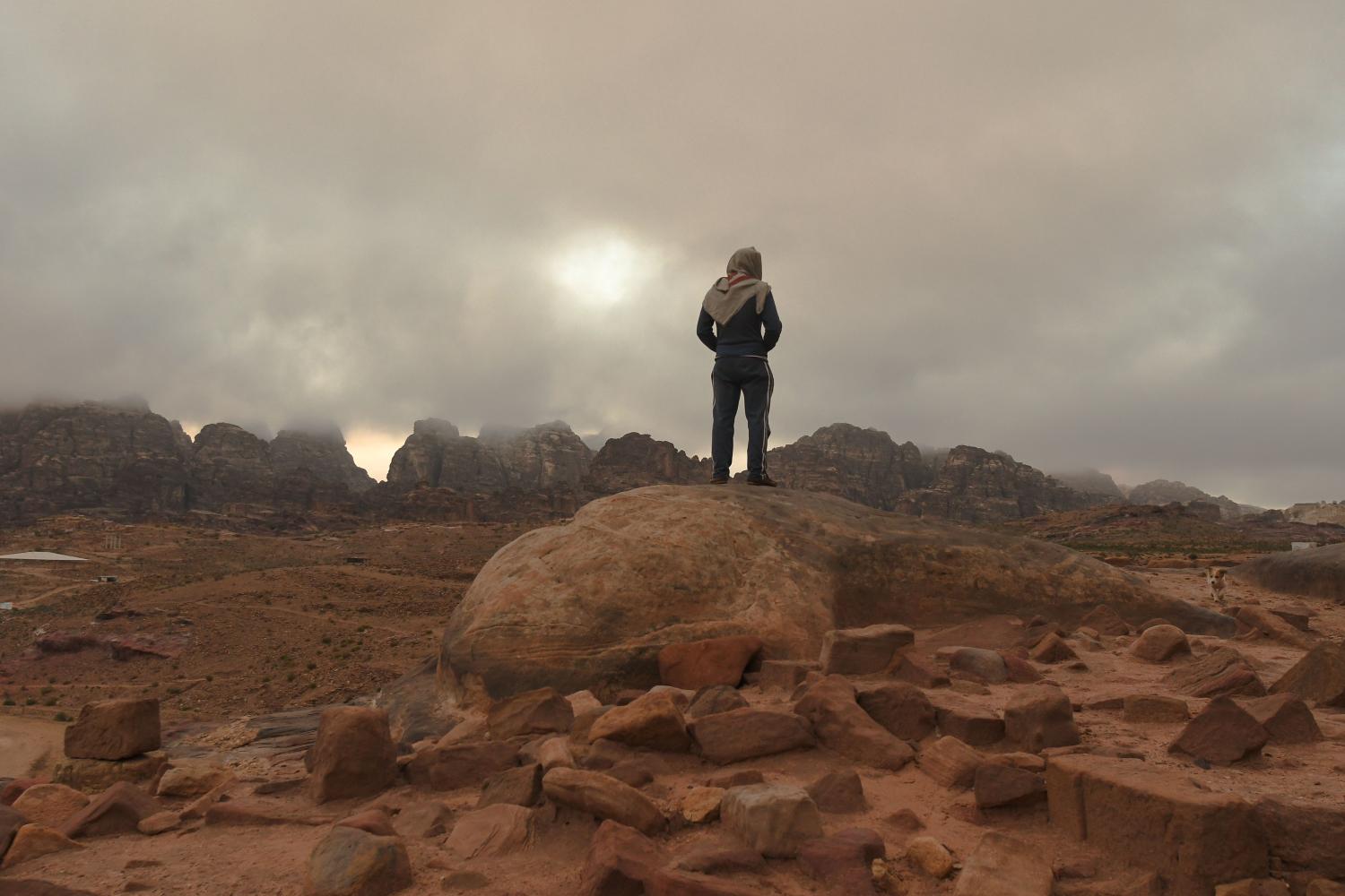 A member of Al B'doul, a local Bedouin tribe during a foggy weather, seen inside the ancient city of Petra, one of Jordan's national treasures and its best-known tourist attraction. On Friday, February 9, 2019, in Petra, Ma'an Governorate, Jordan. (Photo by Artur Widak/NurPhoto)NO USE FRANCE