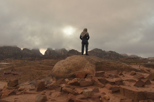A member of Al B'doul, a local Bedouin tribe during a foggy weather, seen inside the ancient city of Petra, one of Jordan's national treasures and its best-known tourist attraction. On Friday, February 9, 2019, in Petra, Ma'an Governorate, Jordan. (Photo by Artur Widak/NurPhoto)NO USE FRANCE