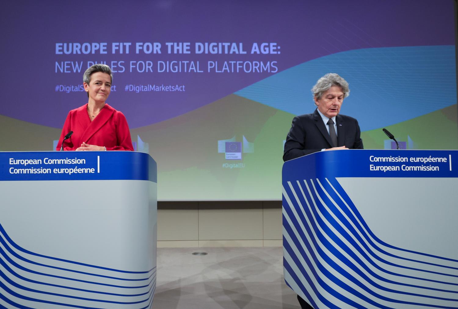 Margrethe Vestager, European Commissioner for A Europe Fit for the Digital Age and European Commissioner for Internal Market Thierry Breton, attend a news conference on the Digital Services and Digital Markets Acts