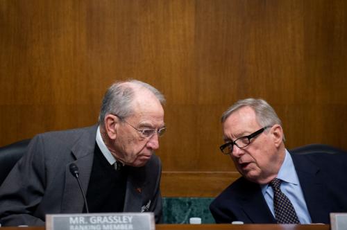 United States Senator Chuck Grassley (Republican of Iowa), left, and United States Senator Dick Durbin (Democrat of Illinois), Chairman, US Senate Committee on the Judiciary chat prior to a Senate Committee on the Judiciary hearing