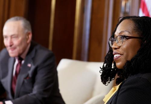 Supreme Court nominee and federal appeals court Judge Ketanji Brown Jackson meets with U.S. Senate Majority Leader Chuck Schumer (D-NY) at the U.S. Capitol in Washington, U.S. March 2, 2022.  REUTERS/Jonathan Ernst