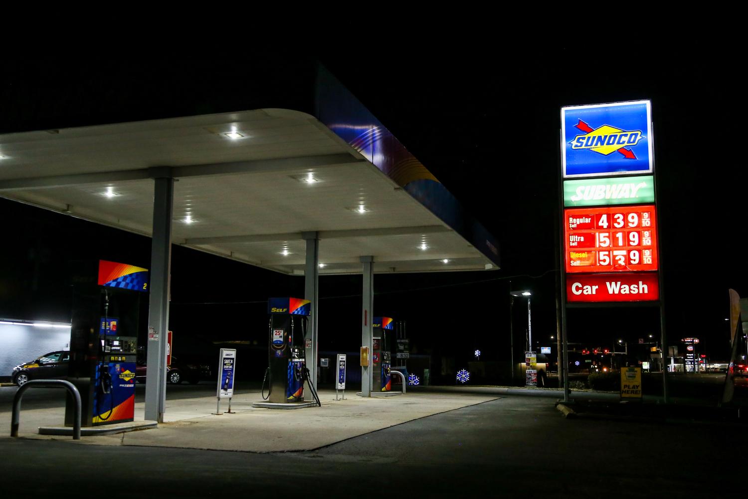 Gasoline prices are displayed at a Sunoco station in Elysburg, Pennsylvania, on March 8, 2022. AAA reported the national average price for a gallon of gas in the United States was a record high of $4.173 on March 8, 2022. (Photo by Paul Weaver/Sipa USA)No Use Germany.