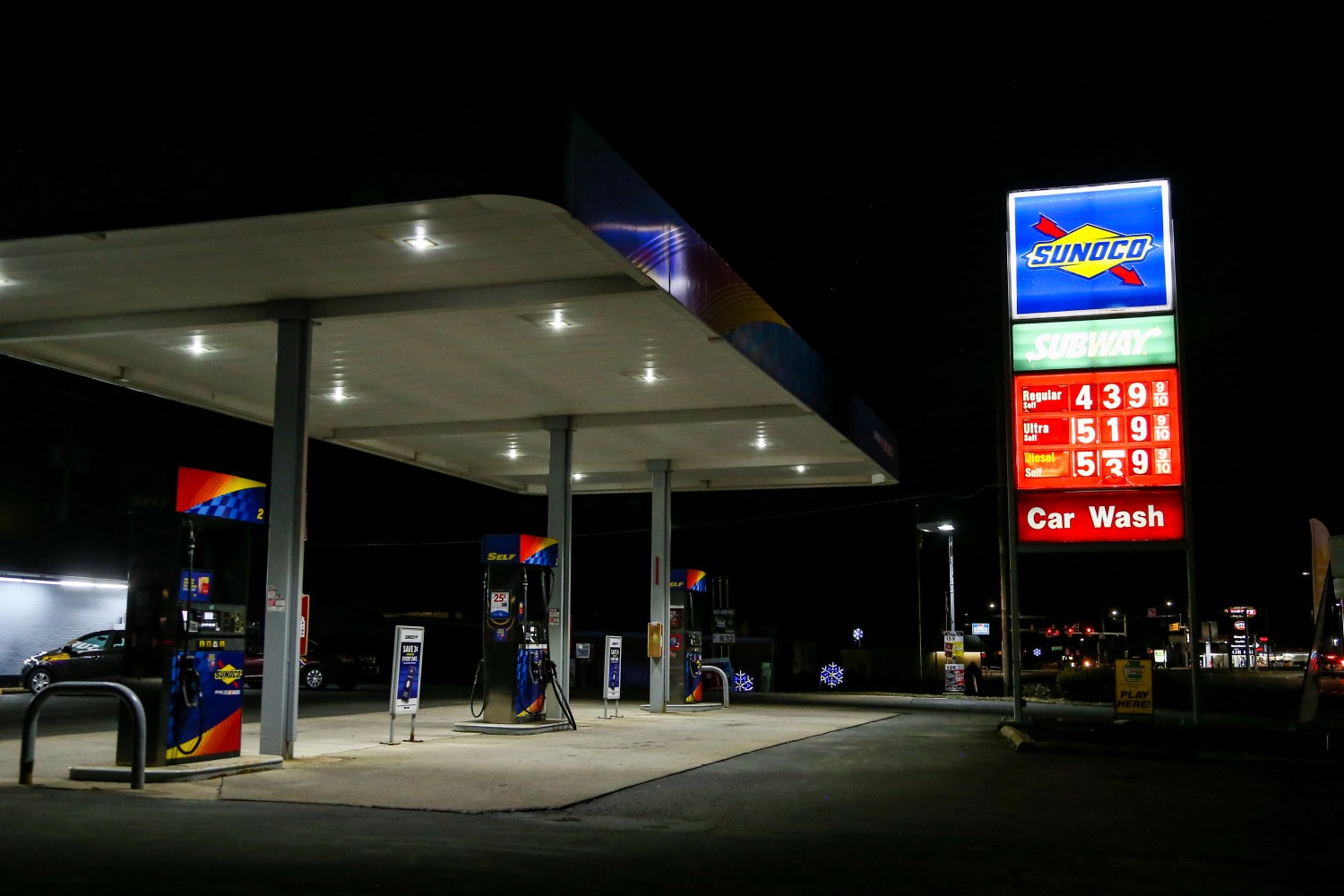 Gasoline prices are displayed at a Sunoco station in Elysburg, Pennsylvania, on March 8, 2022. AAA reported the national average price for a gallon of gas in the United States was a record high of $4.173 on March 8, 2022. (Photo by Paul Weaver/Sipa USA)No Use Germany.