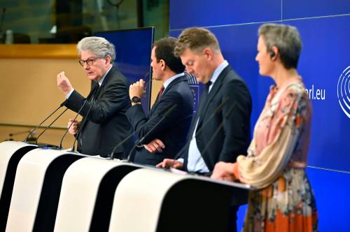 Thierry Breton, Cedric O, Andreas Schwab and Margrethe Vestager at a press conference on the outcome of the negotiations on the Digital Markets Act in the European Parliament Brussels