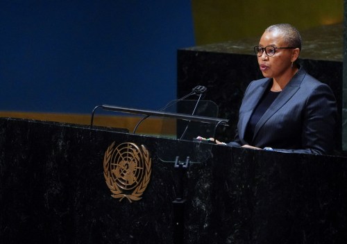 South Africa's Ambassador to the UN Mathu Joyini speaks during the 11th emergency special session of the 193-member U.N. General Assembly on Russia's invasion of Ukraine, at the United Nations Headquarters in Manhattan, New York City, U.S., March 1, 2022. REUTERS/Carlo Allegri