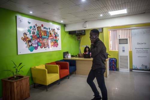 The reception in the Co-Creation Hub in Yaba, Lagos, an area in Nigeria's economic capital once nicknamed "Yabacon Valley" because of the number of tech start-ups in the area. (Photo by Sally Hayden / SOPA Images/Sipa USA)No Use Germany.