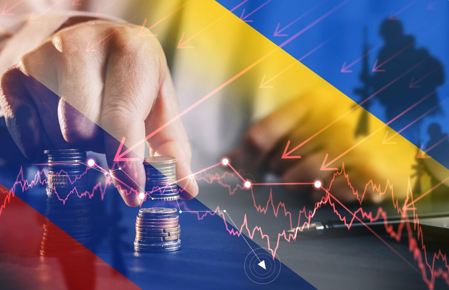Ukraine and Russia flag with economic indicators