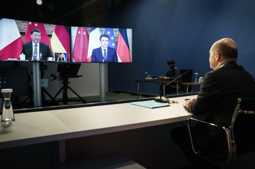German Chancellor Olaf Scholz holds a video conference with French President Emmanuel Macron holds and Chinese President Xi Jinping on Tuesday March 8, 2022 to discuss the dramatic consequences of Russia invasion of Ukraine. For a ceasefire and the guarantee of people\'s access to humanitarian aid, President Xi has given his support behind France, according to France presidential office statement.