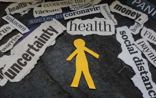 Paper man cutout surrounded by Corona Virus and news headlines.