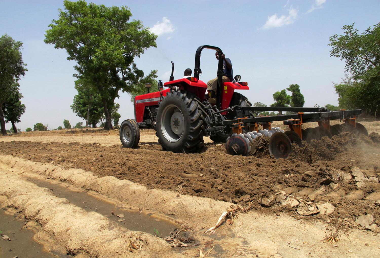 Farmers plow the field in Saulawa village, on the outskirts of Nigeria's north-central state of Kaduna May 15, 2013. When President Goodluck Jonathan was elected two years ago, he pledged reforms that would transform the lives of tens of millions of farmers who live on less than $2 a day despite occupying some of Africa's most fertile land. Oil remains the main source of foreign currency and state revenues, but agriculture is by far the biggest contributor to GDP, making up 40 percent of Africa's second largest economy. With 170 million mouths to feed and a growing food import bill thanks to the disarray in the farming sector, agriculture ministry officials say there's no time to lose. Picture taken May 15, 2013. To match Insight NIGERIA-AGRICULTURE/    REUTERS/Joe Brock (NIGERIA - Tags: AGRICULTURE SOCIETY BUSINESS)