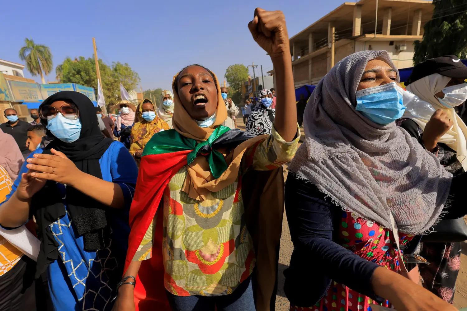 Protesters march during a rally from Khartoum North to Omdurman against military rule following last month's coup, in Khartoum, Sudan. December 13,2021. REUTERS/Mohamed Nureldin Abdallah