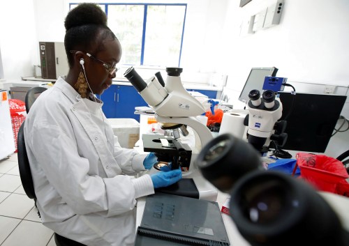 A researcher works inside a laboratory at the International Centre of Insect Physiology and Ecology (ICIPE) headquarters in Nairobi, Kenya May 11, 2020. Picture taken May 11, 2020. REUTERS/Jackson Njehia
