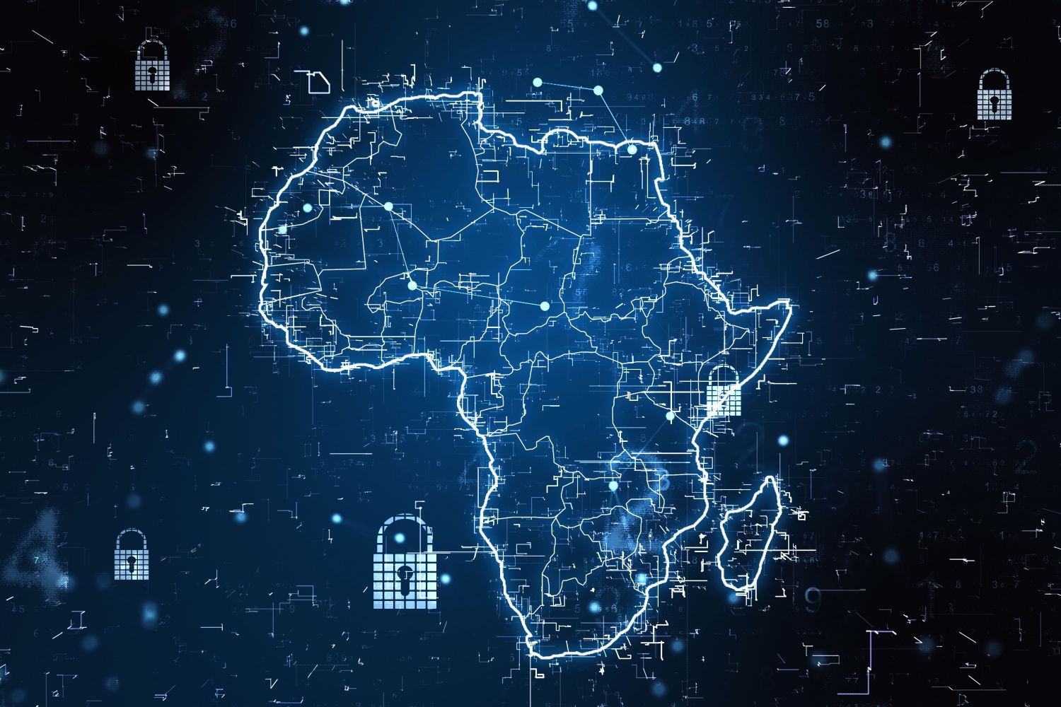 Cyber security concept with digital Africa map with locks and glowing lines on abstract dark background