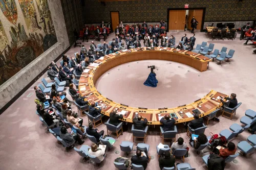 New York, NY - February 25, 2022: Security Council meeting and vote on resolution on war in Ukraine with 1 country Russia voting against at UN Headquarters