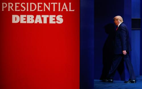 U.S. President Donald Trump leaves at the end of the final 2020 U.S. presidential campaign debate in the Curb Event Center at Belmont University in Nashville, Tennessee, U.S., October 22, 2020.  REUTERS/Mike Segar