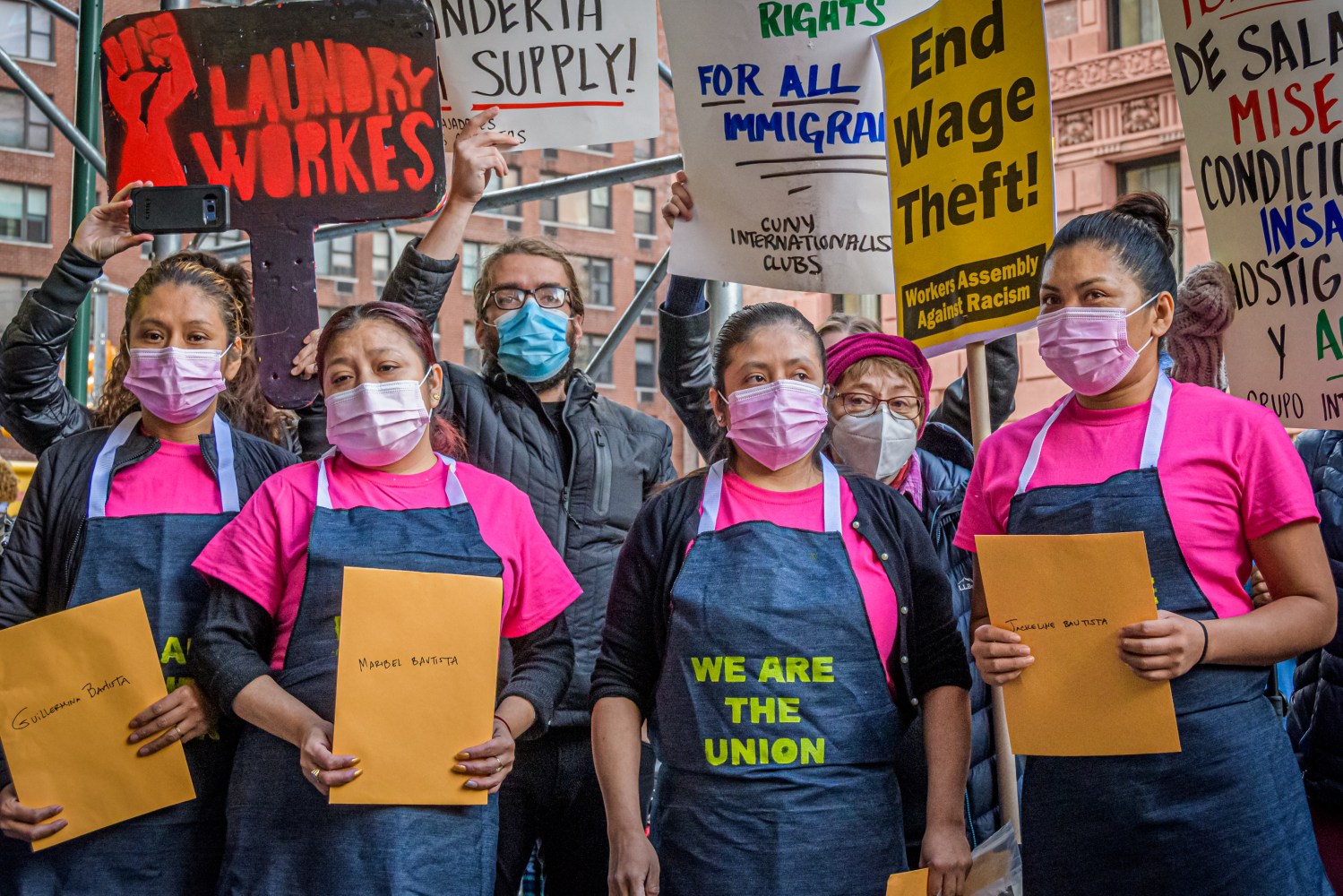 Laundromat workers walk out the job to protest the current working conditions. On the commemoration of the International Day for the Elimination of Violence against Women, November 25, 2020 a group of seven laundromat workers in New York City, confronted their employer at Wash Supply in Manhattan, alleging abuses of labor law and labor rights. These women have been designated essential workers and their labor makes it possible for people on Manhattans Upper West Side to have their clothes cleaned. (Photo by Erik McGregor/Sipa USA)No Use UK. No Use Germany.