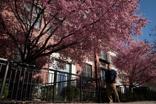 A pedestrian looks at cherry blossoms in front of an apartment building just after the Spring equinox, in Washington, D.C., on Monday, March 22, 2021, amid the coronavirus pandemic. With nearly 550,000 confirmed deaths to COVID-19 in America, vaccination rates are going up and nearly 25% of Americans have received at least one dose of a vaccine. (Graeme Sloan/Sipa USA)No Use Germany.