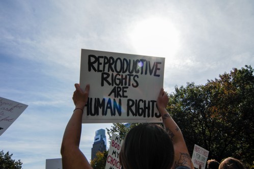 Thousands of protesters march from the Philadelphia Art Museum to City Hall for a rally to defend abortion rights, in Philadelphia, PA, on October 2, 2021. (Photo by Cory Clark/NurPhoto)NO USE FRANCE