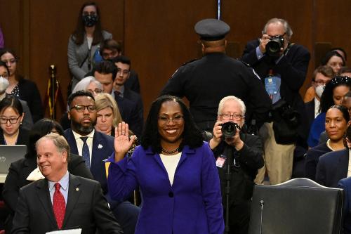 Supreme Court nominee Ketanji Brown Jackson is sworn in during her Senate Judiciary Committee confirmation hearing on Capitol Hill in Washington, Monday, March 21, 2022.   Mandel Ngan /Pool via REUTERS