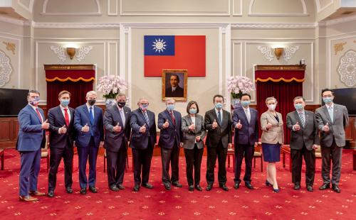 Taiwan President Tsai Ing-wen poses for a group photograph with U.S. Senator Lindsey Graham, Bob Menendez, chairman of the U.S. Senate Foreign Relations Committee, and other U.S. delegation members, at the presidential office in Taipei, Taiwan, in this handout picture released April 15, 2022. Taiwan Presidential Office/Handout via REUTERS  ATTENTION EDITORS - THIS IMAGE WAS PROVIDED BY A THIRD PARTY. NO RESALES. NO ARCHIVES.