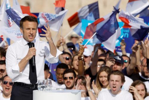 FILE PHOTO: French President Emmanuel Macron, candidate for the re-election in the 2022 French presidential election, speaks during a campaign rally, in Marseille, France, April 16, 2022. REUTERS/Christian Hartmann/File Photo