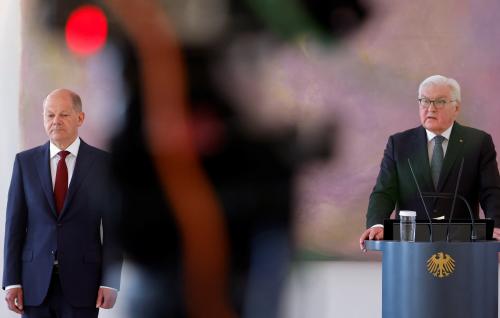 German President Frank-Walter Steinmeier and German Chancellor Olaf Scholz attend a ceremony to hand over the office of German Minister for Family Affairs, Senior Citizens, Women and Youth from the outgoing Anne Spiegel to Elisabeth Paus in Berlin, Germany, April 25, 2022. REUTERS/Michele Tantussi