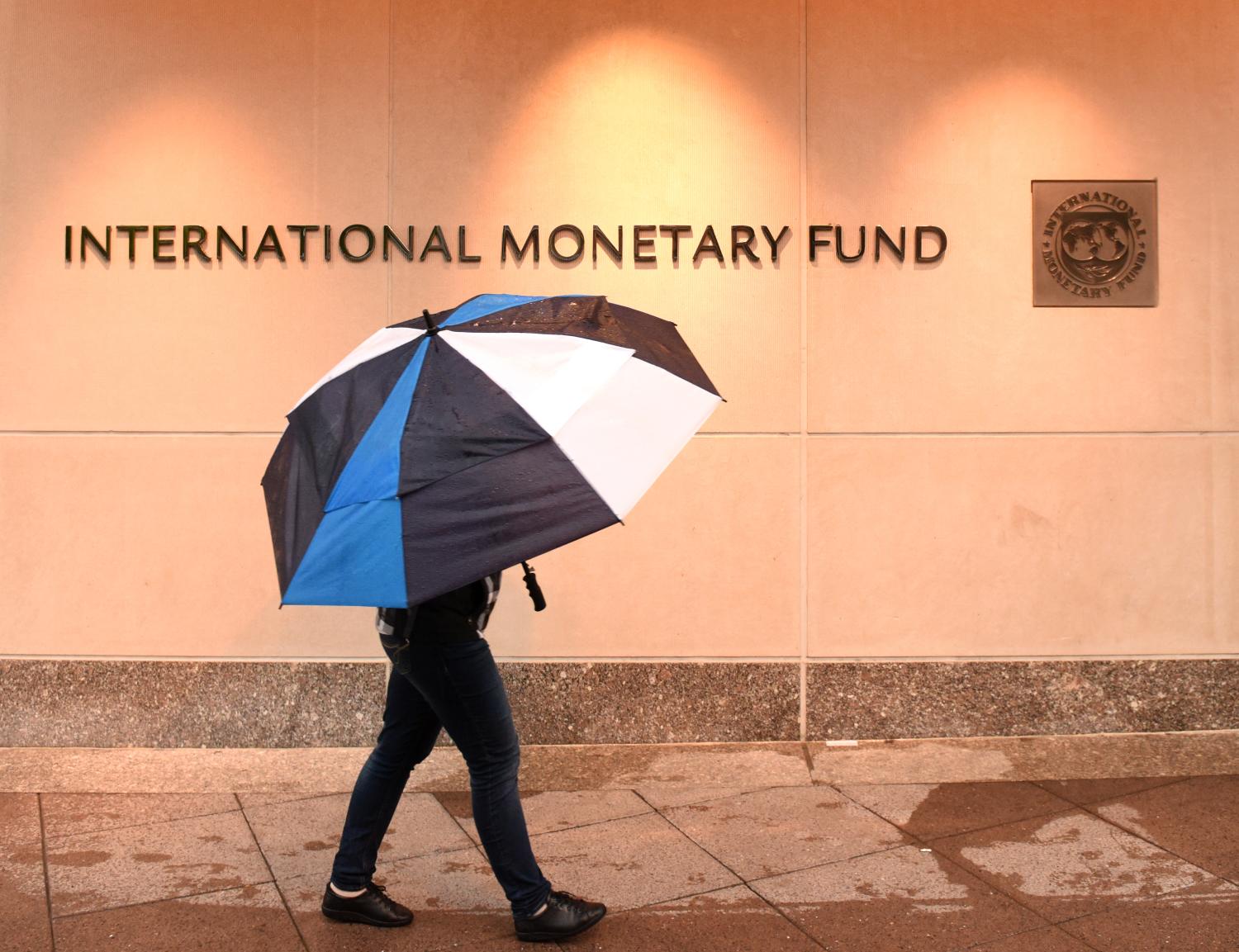 Person with umbrella in front of International Monetary Fund sign.