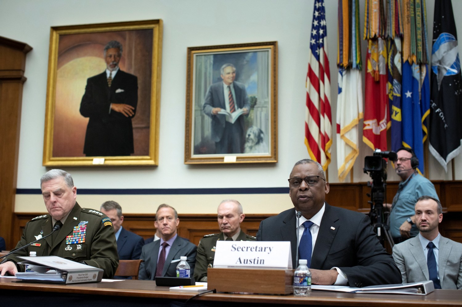 Joint Chiefs Chairman General Mark Milley and U.S. Defense Secretary Lloyd Austin testify before a House Armed Services Committee hearing on "Department of Defense's Budget Requests for FY2023”, at the U.S. Capitol in Washington, U.S., April 5, 2022. REUTERS/Tom Brenner