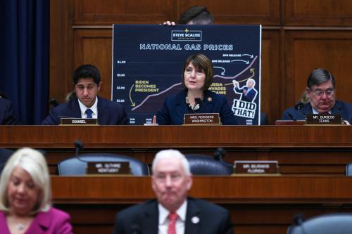 U.S. Rep. Cathy McMorris Rodgers (R-WA) references a domestic gas price chart during a hearing with oil executives before the Committee on Energy and Commerce, on Capitol Hill in Washington, U.S., April 6, 2022. REUTERS/Tom Brenner
