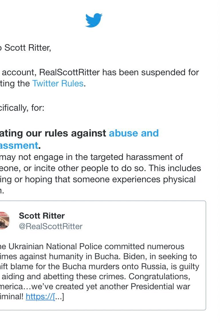 Picture of Scott Ritter Suspension From Twitter Email
