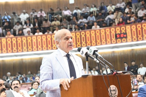 Pakistan's prime minister-elect Shehbaz Sharif, speaks after winning a parliamentary vote to elect a new prime minister, at the national assembly, in Islamabad, Pakistan April 11, 2022. Pakistan National Assembly/Handout via REUTERS THIS IMAGE HAS BEEN SUPPLIED BY A THIRD PARTY. NO RESALES. NO ARCHIVES.