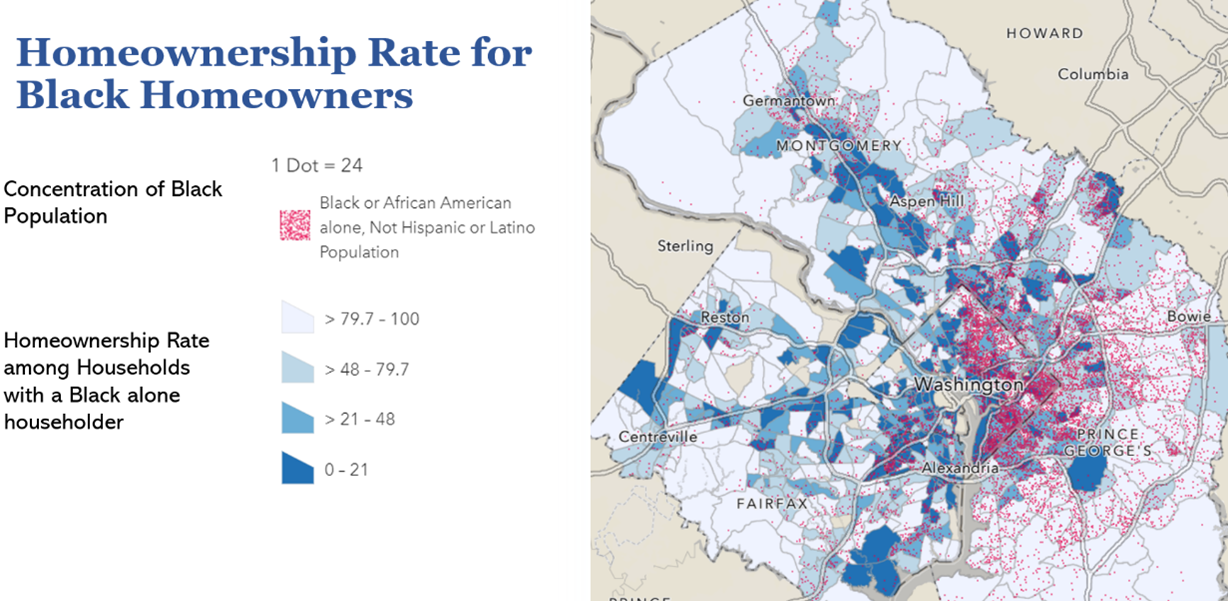 Geographic map indicating areas of the DMV with the highest homeownership rate for Black homeowners.