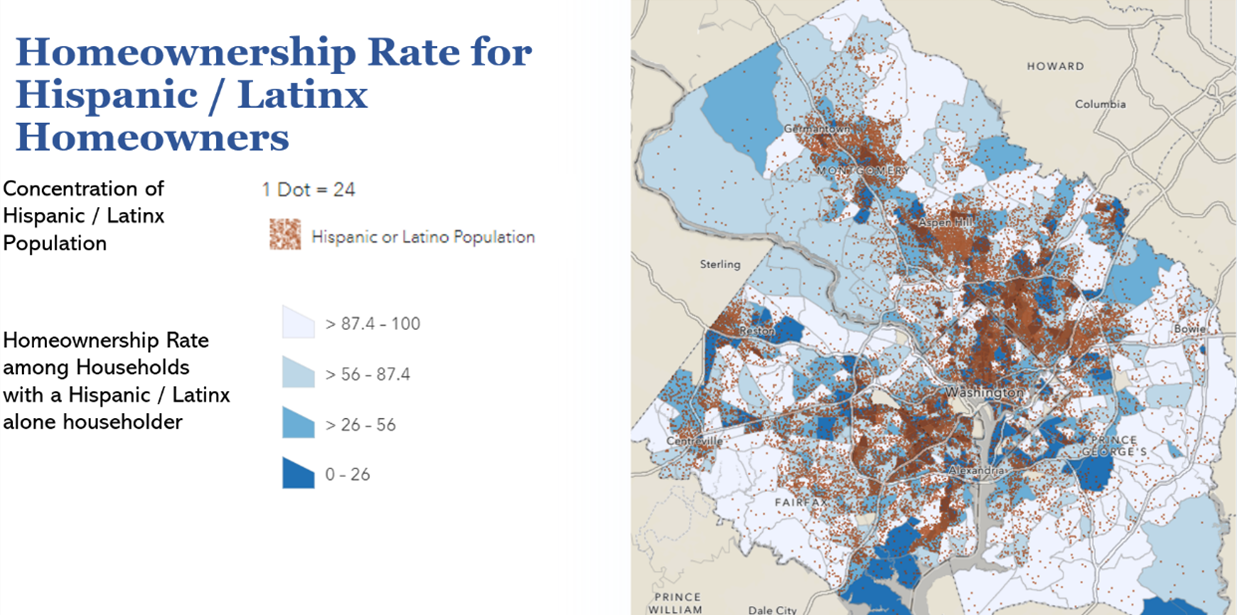 Geographic map of areas in the DMV with rates of homeownership among the Latinx community.