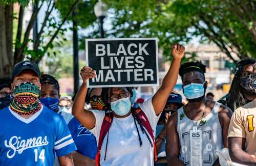July 26, 2020, Boston, Massachusetts, USA: A Black Lives Matter protester holds "Black Lives Matter" sign during a rally at Nubian Square in Boston.  (Photo by Keiko Hiromi/AFLO)  No Use China. No Use Taiwan. No Use Korea. No Use Japan.