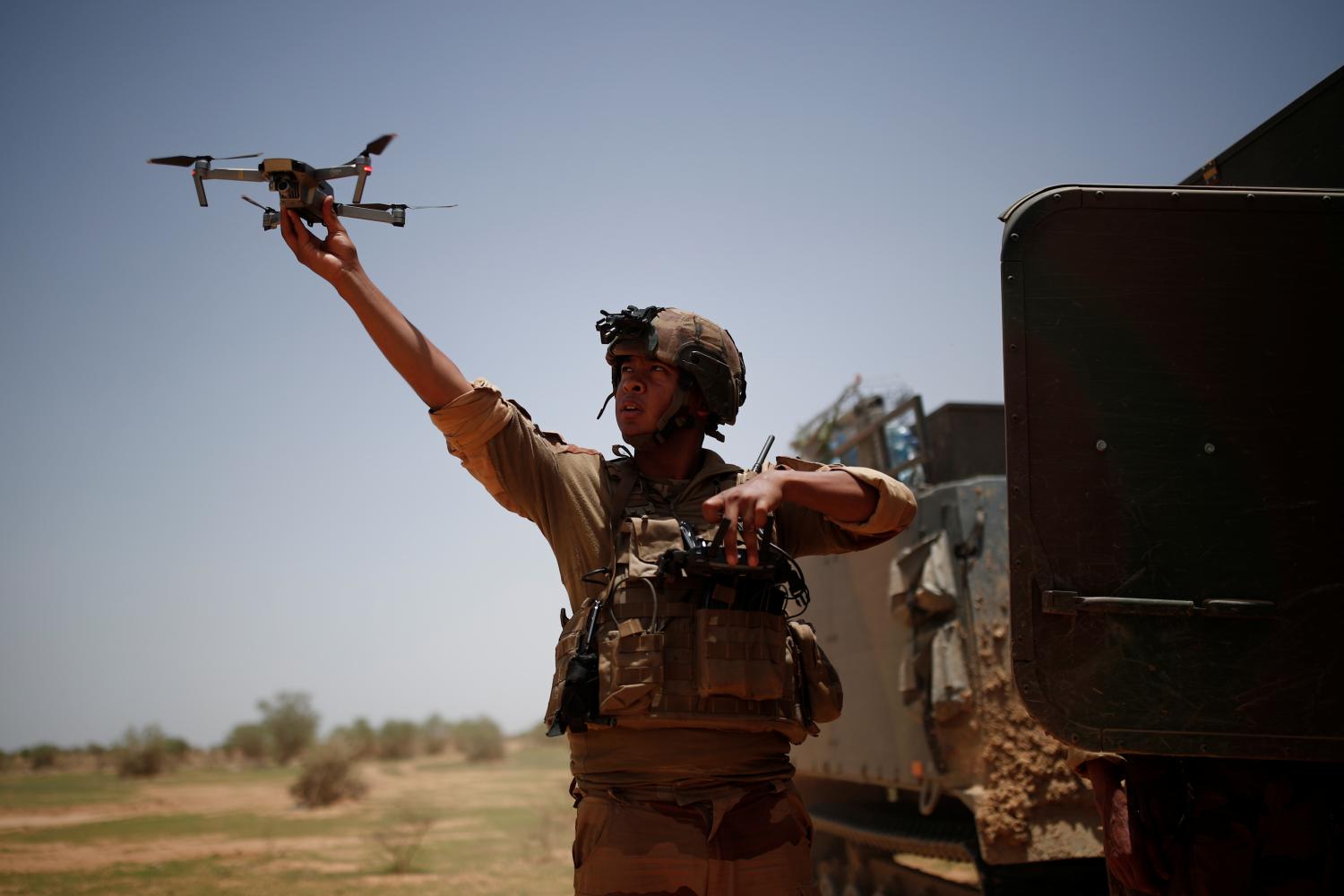 A drone operator from the French 2nd Foreign Engineer Regiment launches a drone during an area control operation in the Gourma region during Operation Barkhane in Ndaki, Mali, July 27, 2019. REUTERS/Benoit Tessier   SEARCH "TESSIER MALI" FOR THIS STORY. SEARCH "WIDER IMAGE" FOR ALL STORIES.