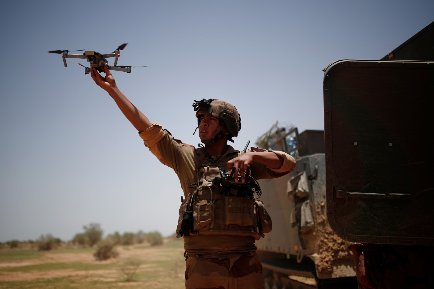 A drone operator from the French 2nd Foreign Engineer Regiment launches a drone during an area control operation in the Gourma region during Operation Barkhane in Ndaki, Mali, July 27, 2019. REUTERS/Benoit Tessier   SEARCH "TESSIER MALI" FOR THIS STORY. SEARCH "WIDER IMAGE" FOR ALL STORIES.
