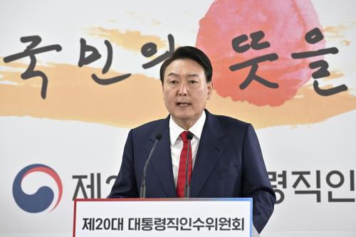 South Korea's president-elect Yoon Suk Yeol talks about his relocation plans for the presidential office during a press conference in Seoul on March 20, 2022. (Kyodo)==KyodoNO USE JAPAN