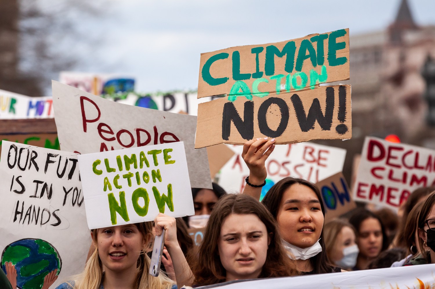 Protesters march to the Capitol during a strike against climate change by the youth-led organization, Fridays for Future.  This event was one of many held worldwide March 25 by FFF, the global organization begun by Greta Thunberg in 2018.  Protesters are demanding policymakers and the private sector take action against the climate crisis and reparations for the ordinary people - primarily in the global south - who have been hurt most by the practices responsible for climate change. (Photo by Allison Bailey/NurPhoto)NO USE FRANCE