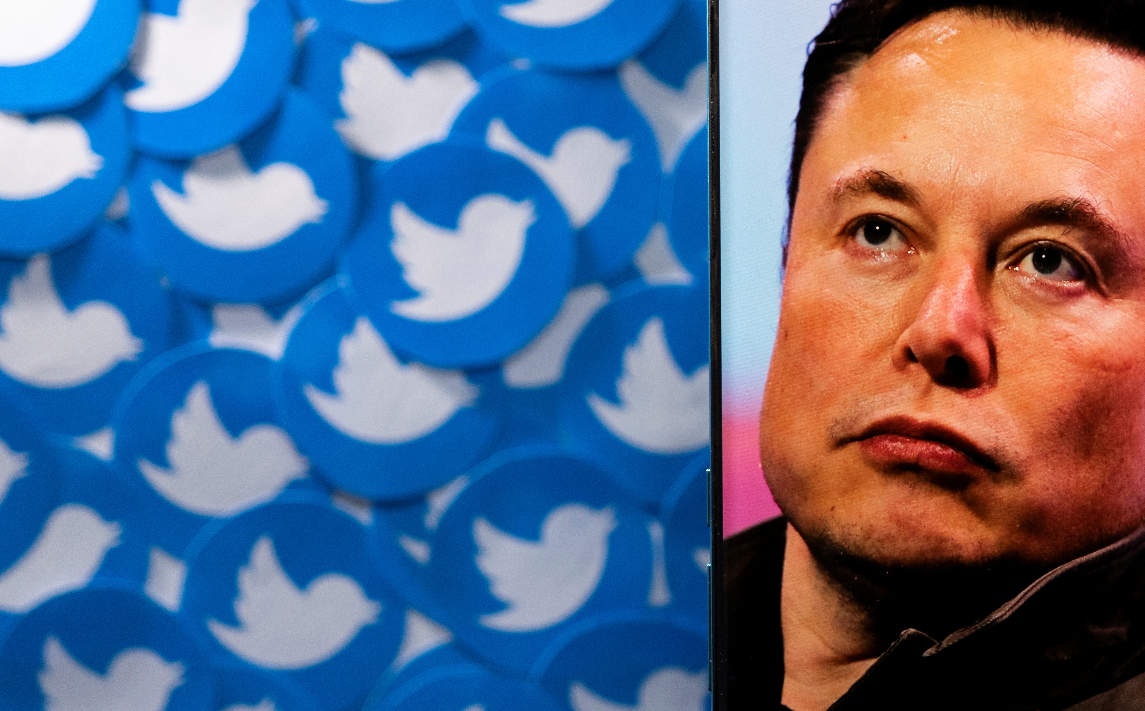 image of Elon Musk is seen next to Twitter logos